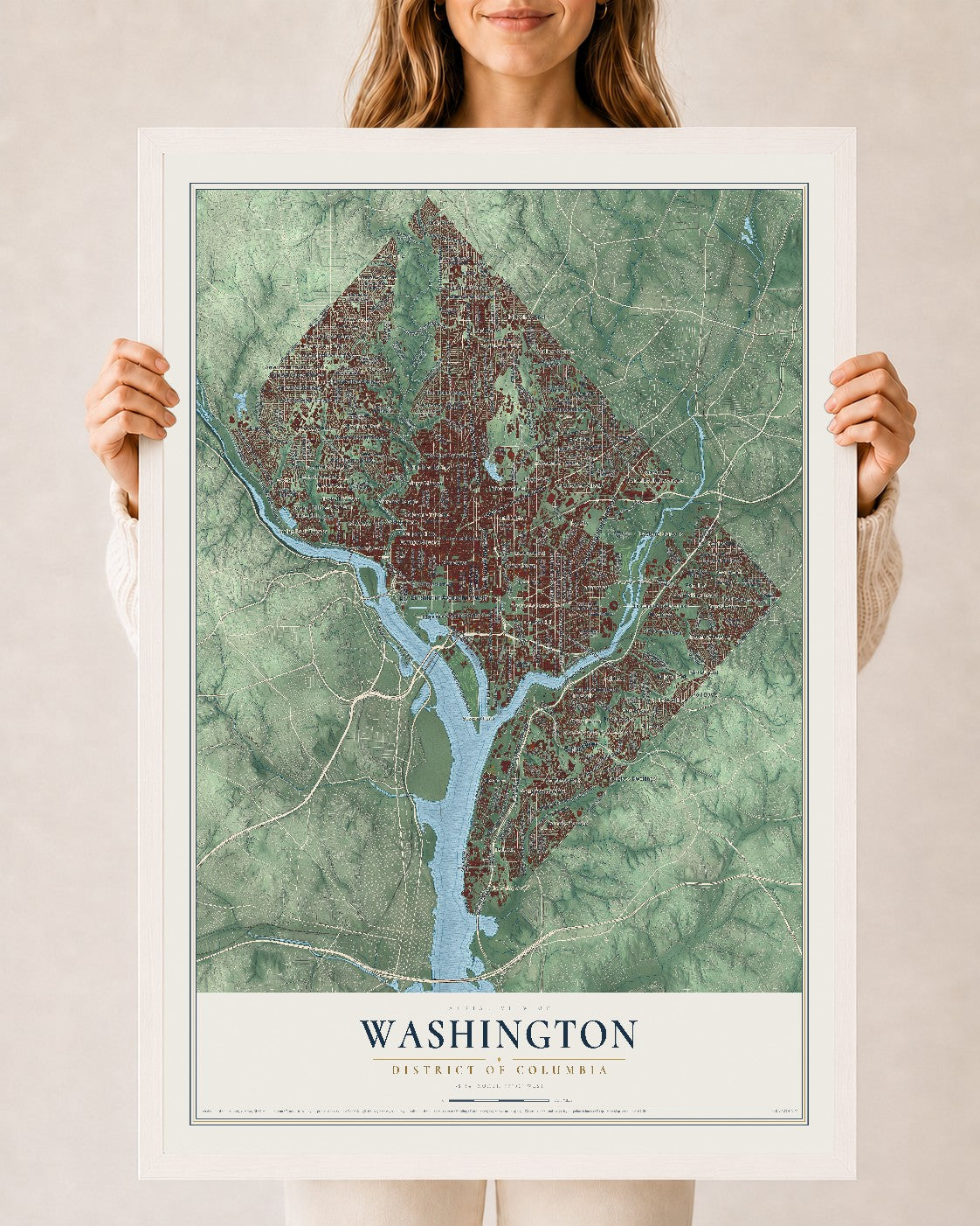 Map of Washington, District of Columbia, 24 x 36 inch print in a white wood frame
