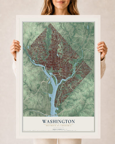 Map of Washington, District of Columbia, 24 x 36 inch print in a white wood frame