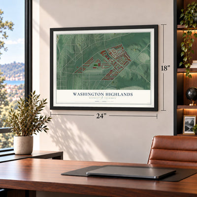 Washington Highlands, District of Columbia map, 18 x 24 inch print in a black frame in a home office