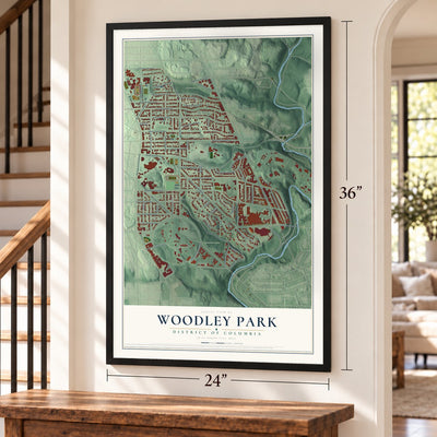 Woodley Park, District of Columbia map, 24 x 36 inch print in a black frame by a staircase