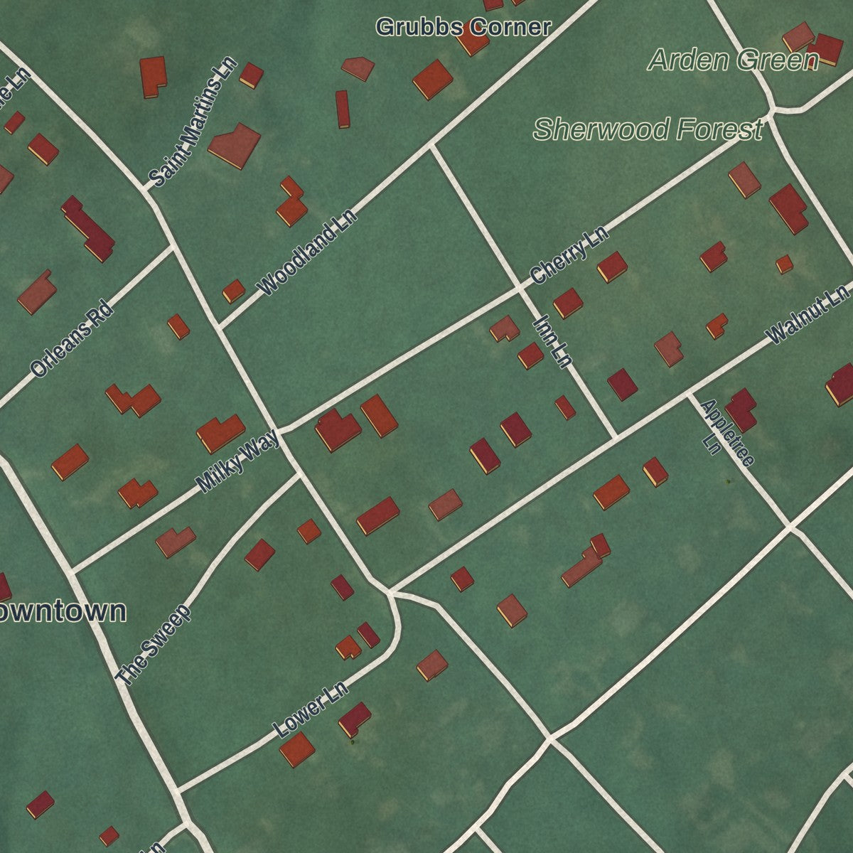 Close-up of the map of Arden, Delaware print showing street and building detail