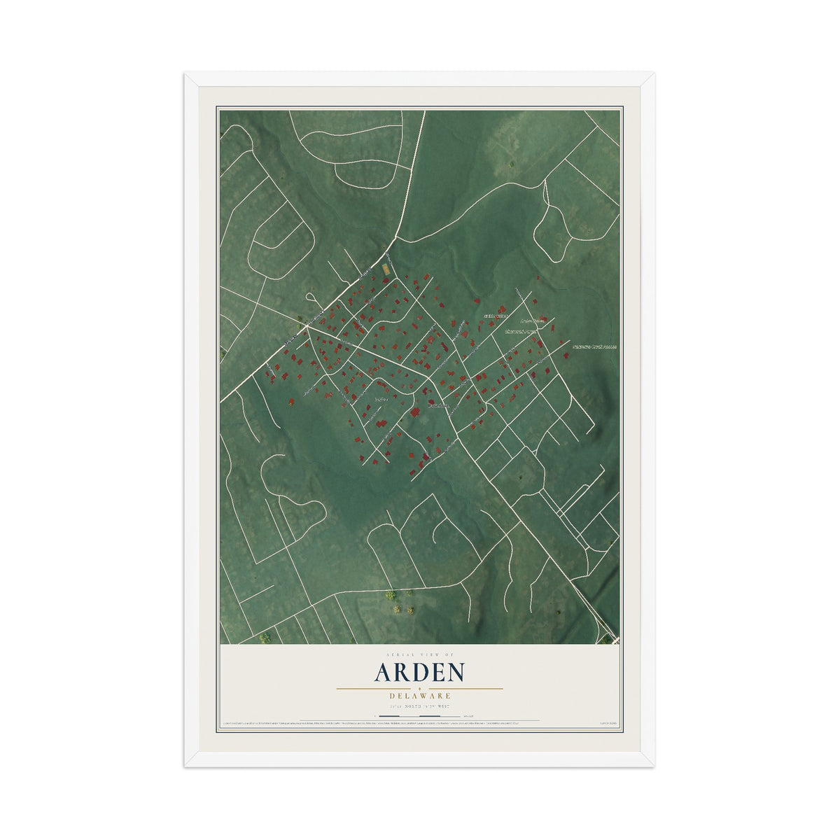 Map of Arden, Delaware, 12 x 18 inch print in a white wood frame