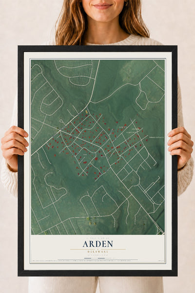 Map of Arden, Delaware, 18 x 24 inch print in a black wood frame