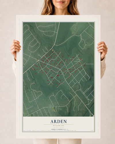 Map of Arden, Delaware, 24 x 36 inch print in a white wood frame