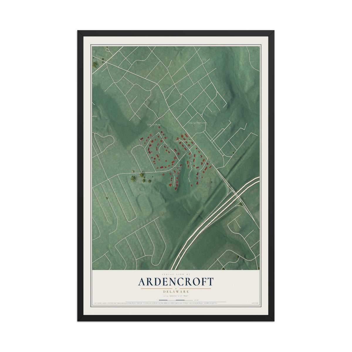Map of Ardencroft, Delaware, 12 x 18 inch print in a black wood frame