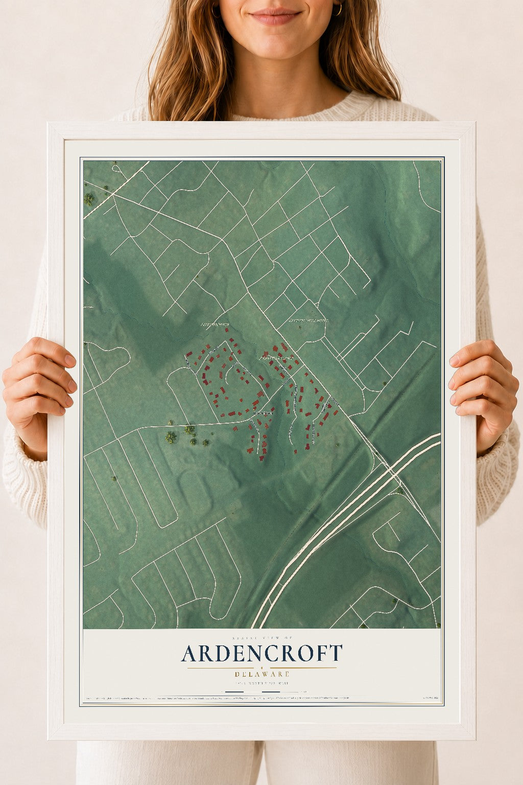 Map of Ardencroft, Delaware, 18 x 24 inch print in a white wood frame