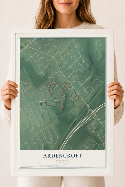 Map of Ardencroft, Delaware, 18 x 24 inch print in a white wood frame