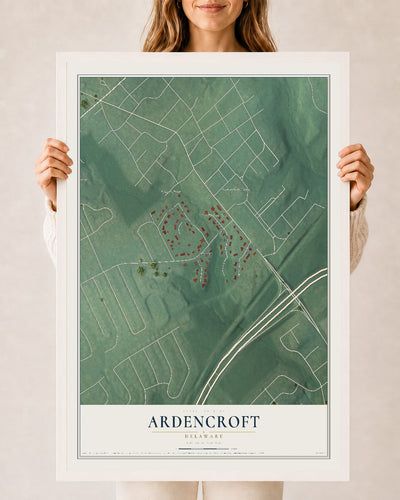 Map of Ardencroft, Delaware, 24 x 36 inch print in a white wood frame