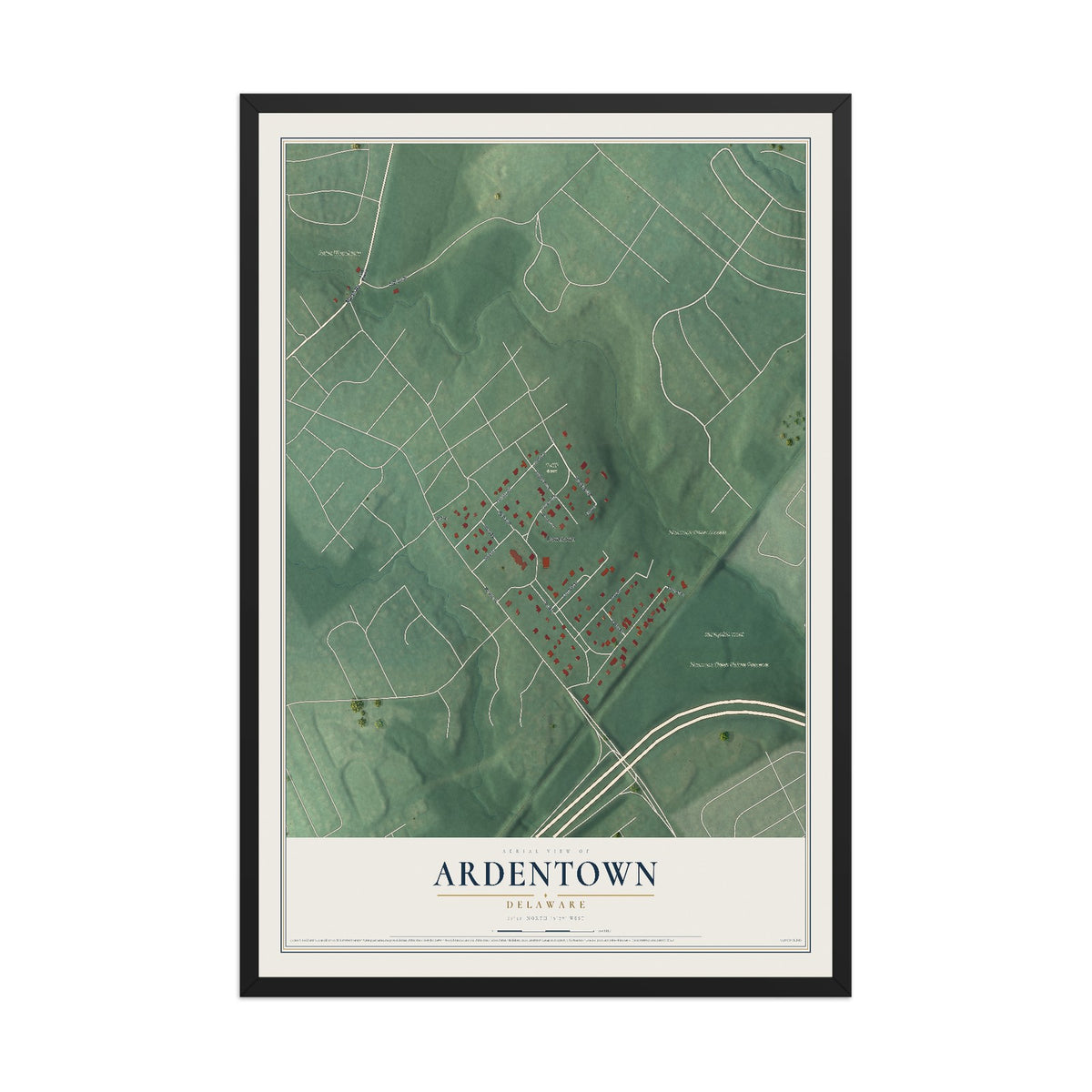 Map of Ardentown, Delaware, 12 x 18 inch print in a black wood frame