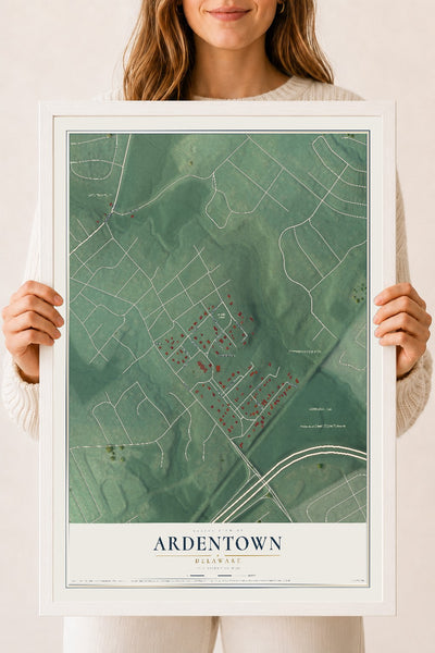 Map of Ardentown, Delaware, 18 x 24 inch print in a white wood frame