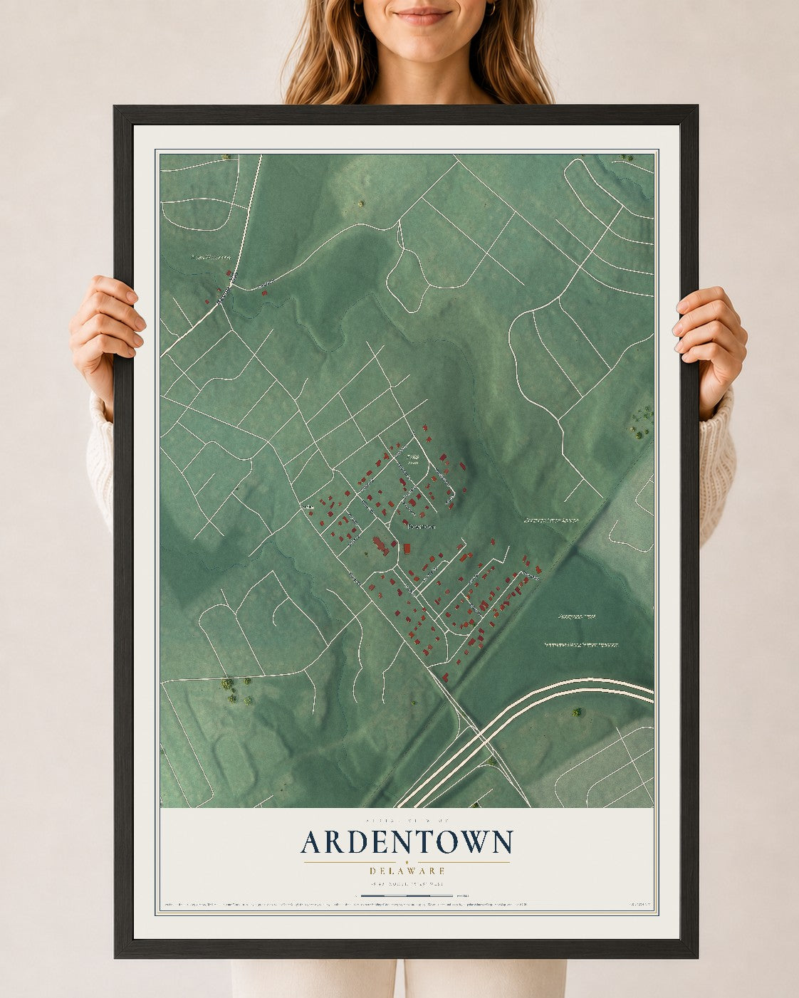 Map of Ardentown, Delaware, 24 x 36 inch print in a black wood frame