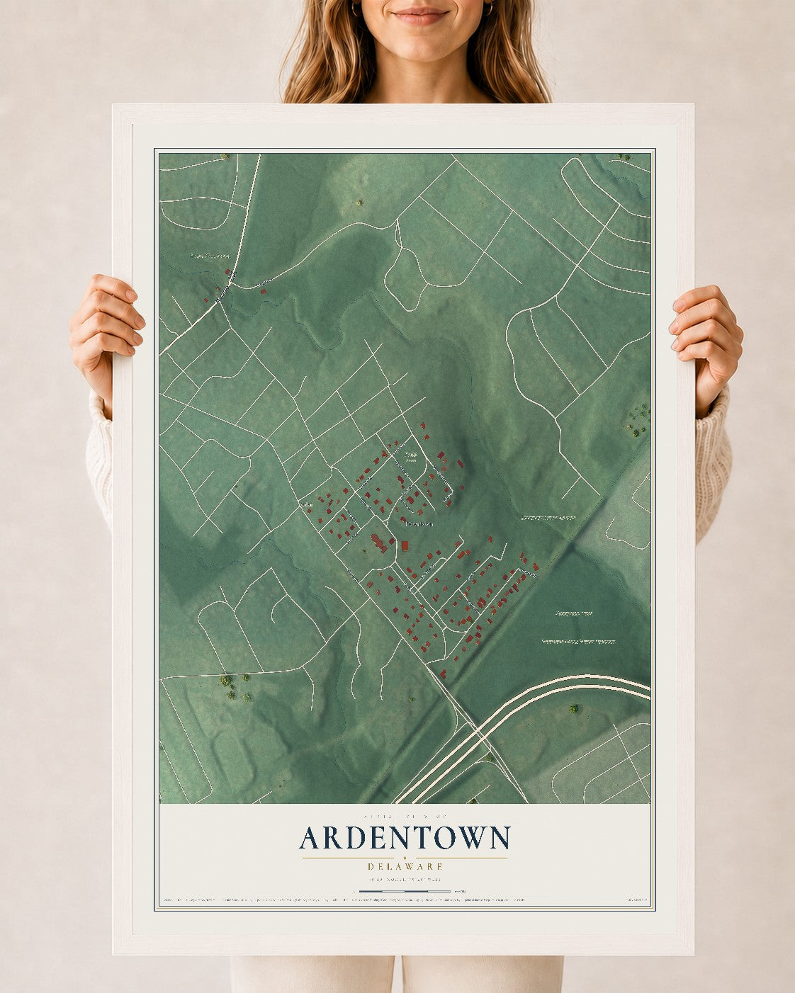 Map of Ardentown, Delaware, 24 x 36 inch print in a white wood frame