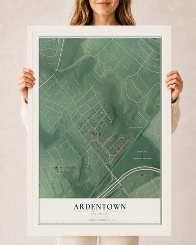 Map of Ardentown, Delaware, 24 x 36 inch print in a white wood frame