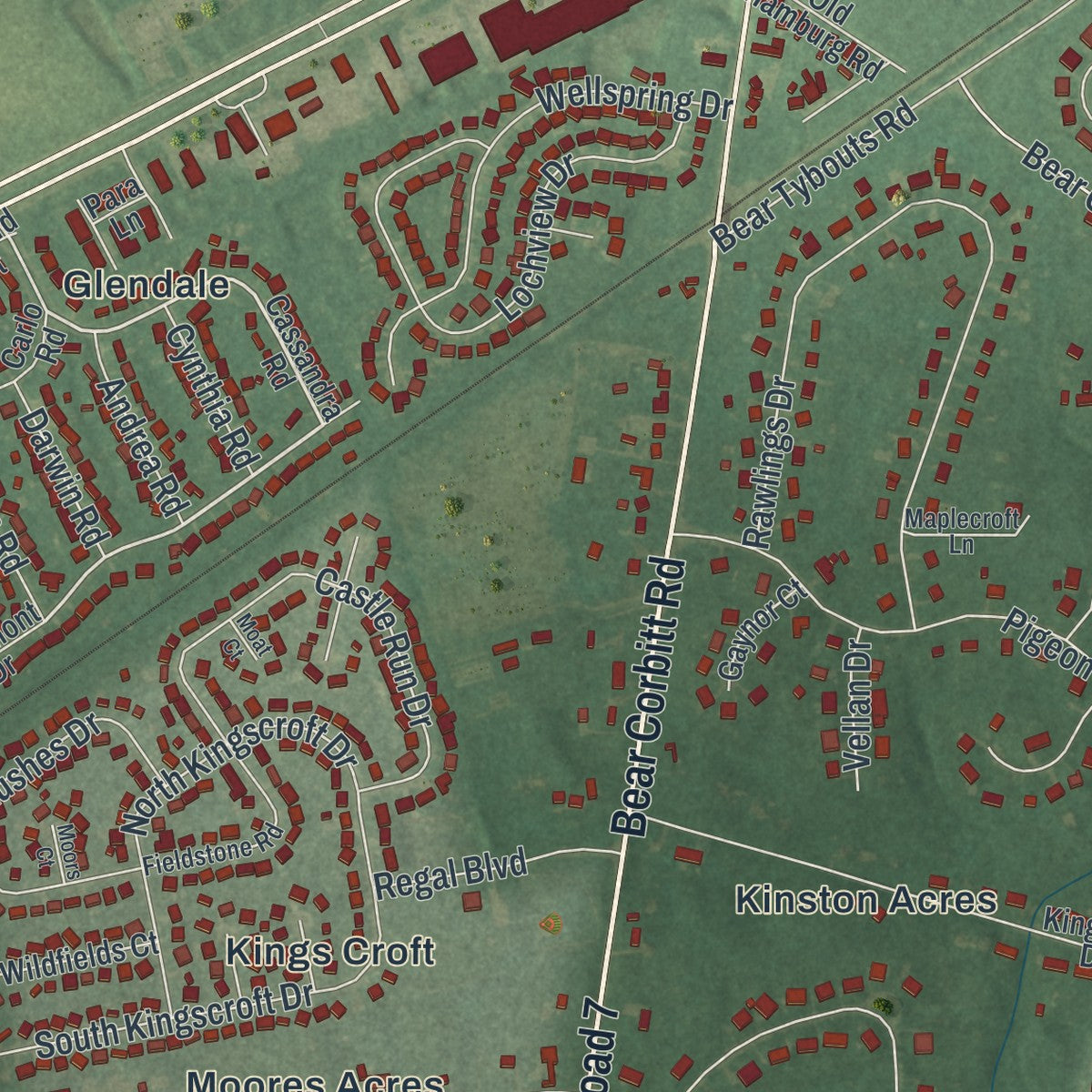 Second close-up of the map of Bear, Delaware print showing more streets and buildings
