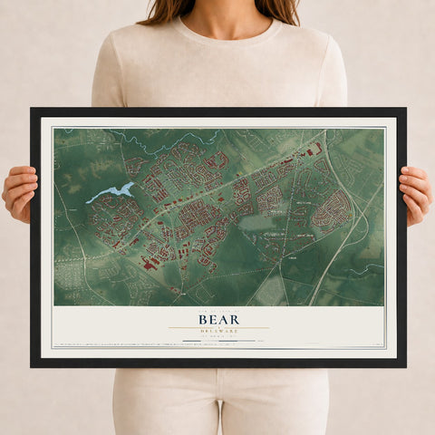 Map of Bear, Delaware, 12 x 18 inch print in a black wood frame