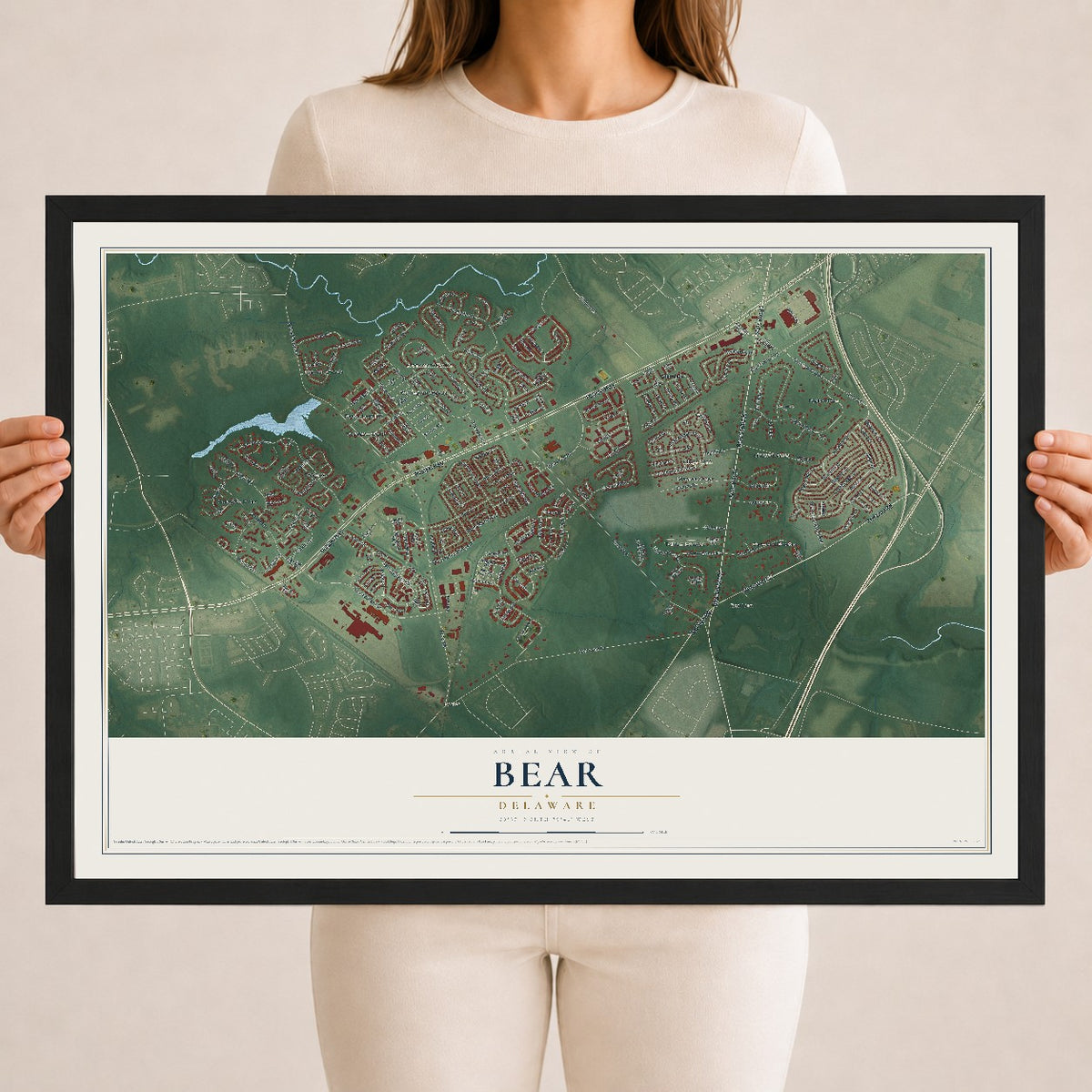 Map of Bear, Delaware, 18 x 24 inch print in a black wood frame