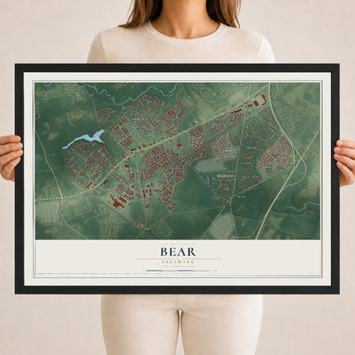 Map of Bear, Delaware, 18 x 24 inch print in a black wood frame