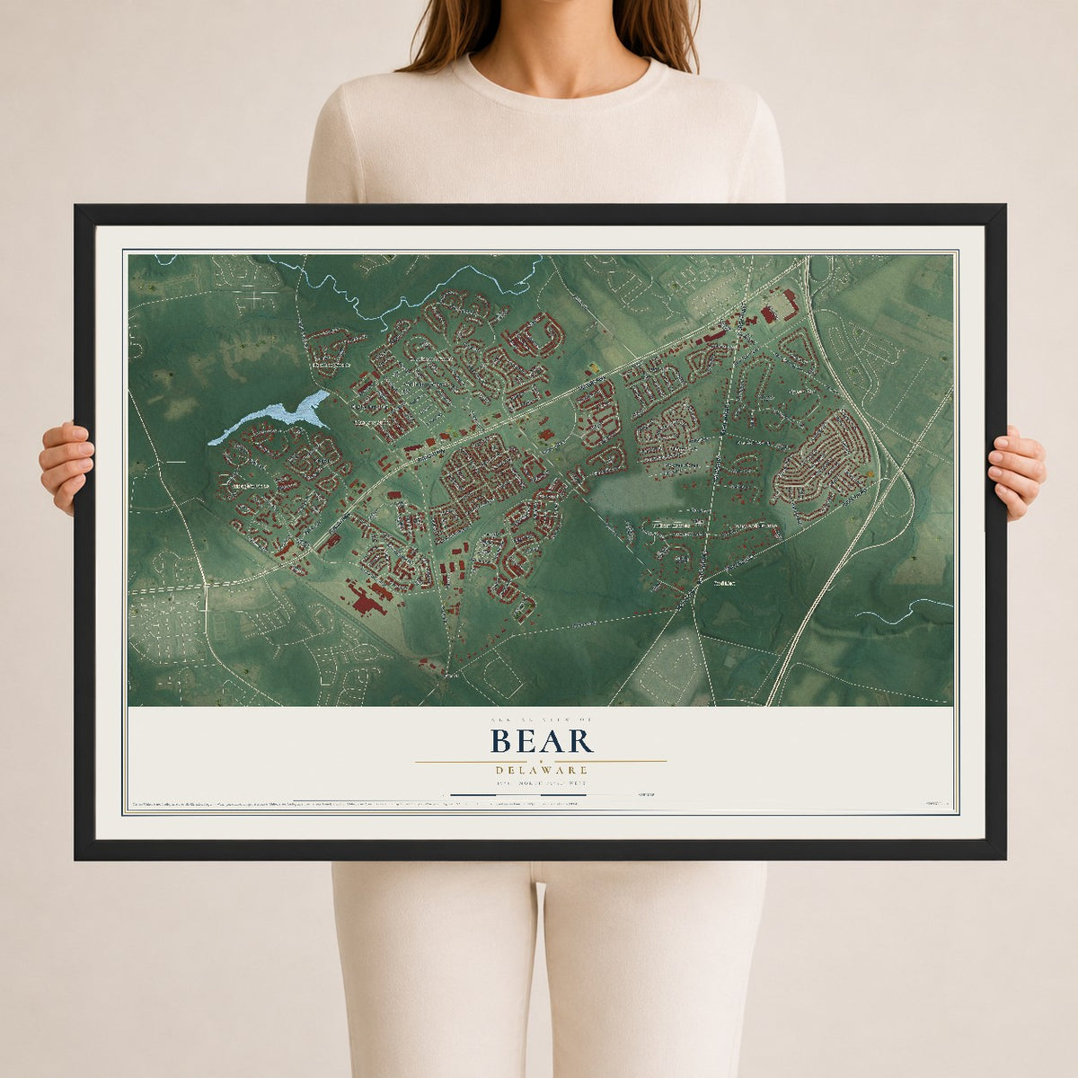 Map of Bear, Delaware, 24 x 36 inch print in a black wood frame