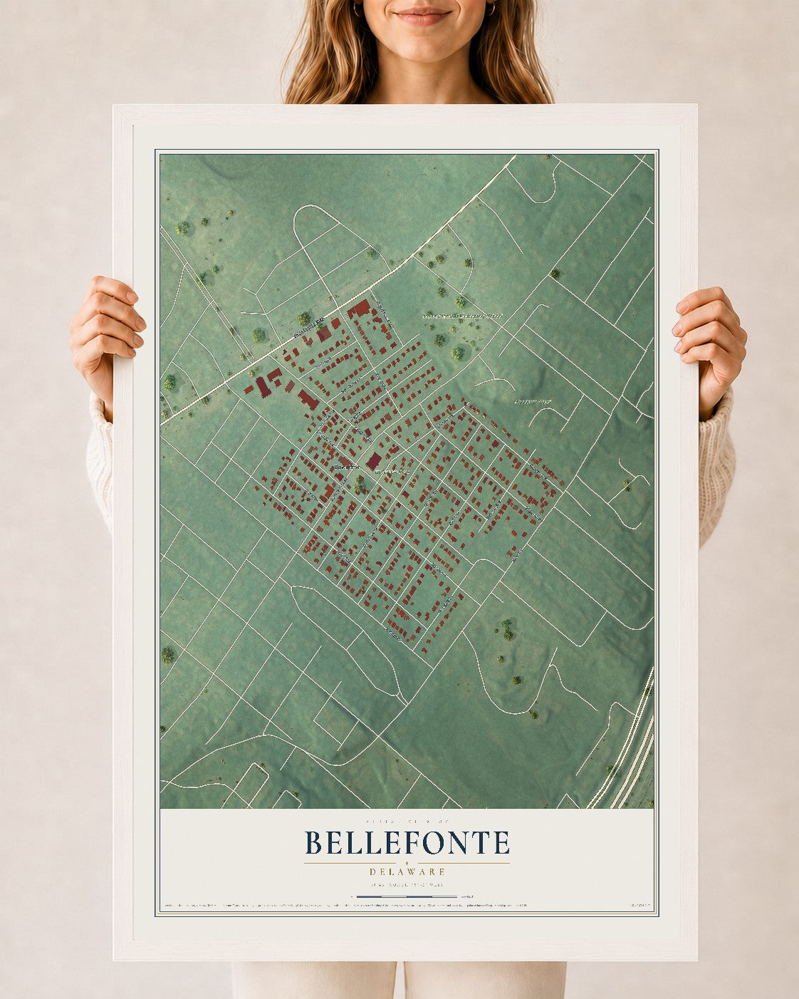 Map of Bellefonte, Delaware, 24 x 36 inch print in a white wood frame