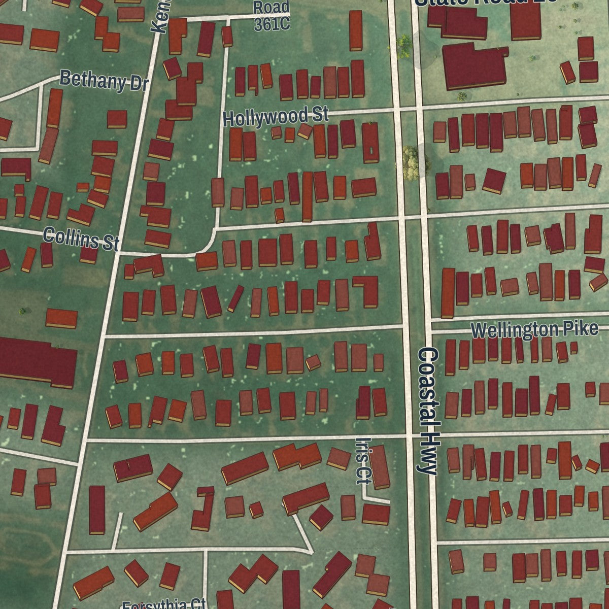Close-up of the map of Bethany Beach, Delaware print showing street and building detail