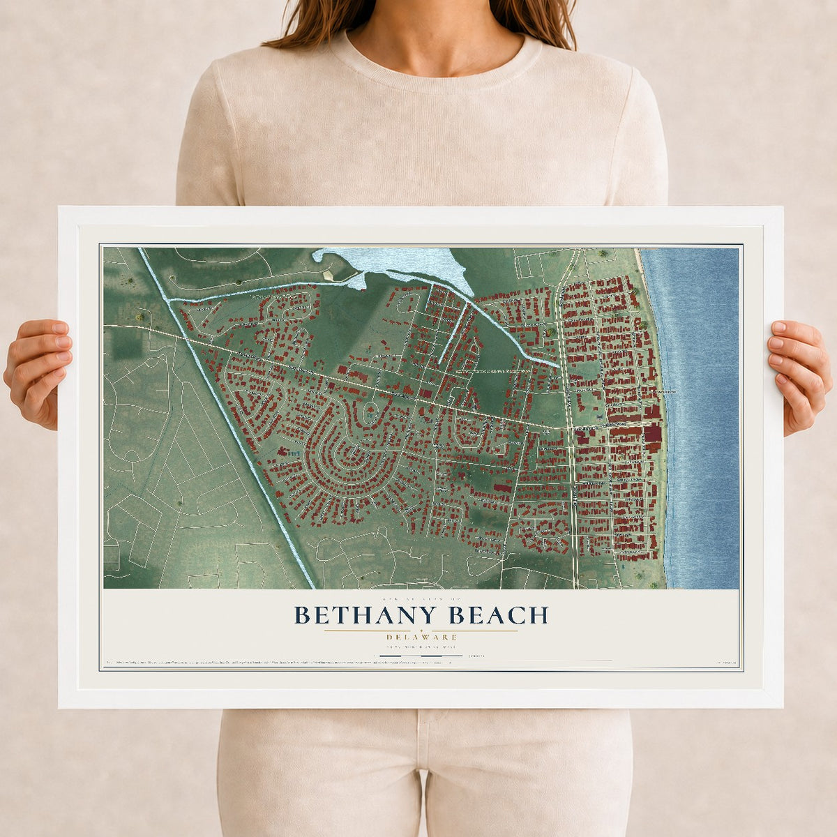 Map of Bethany Beach, Delaware, 12 x 18 inch print in a white wood frame