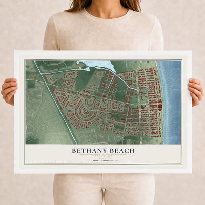 Map of Bethany Beach, Delaware, 12 x 18 inch print in a white wood frame