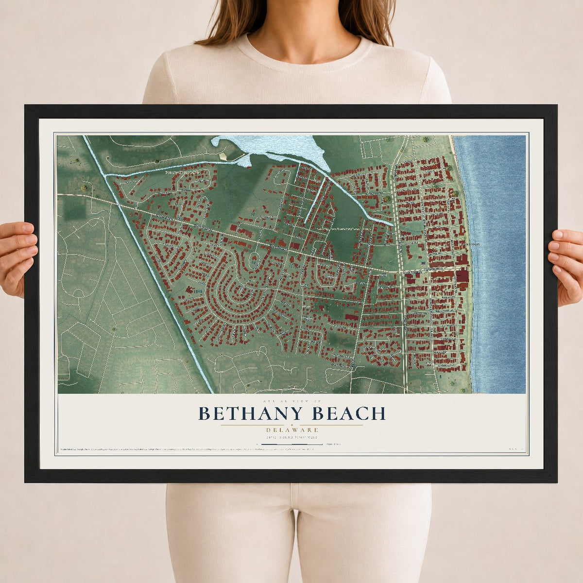 Map of Bethany Beach, Delaware, 18 x 24 inch print in a black wood frame