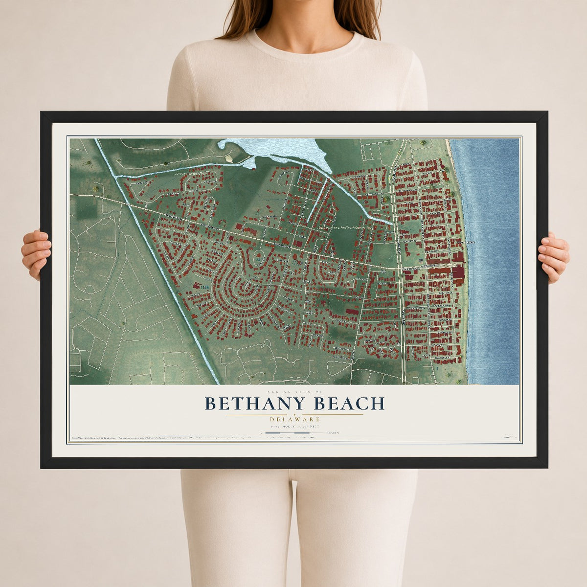 Map of Bethany Beach, Delaware, 24 x 36 inch print in a black wood frame