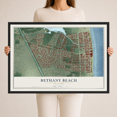 Map of Bethany Beach, Delaware, 24 x 36 inch print in a black wood frame
