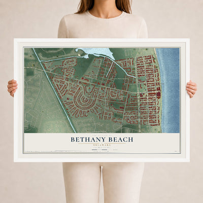 Map of Bethany Beach, Delaware, 24 x 36 inch print in a white wood frame