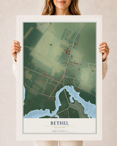 Map of Bethel, Delaware, 24 x 36 inch print in a white wood frame