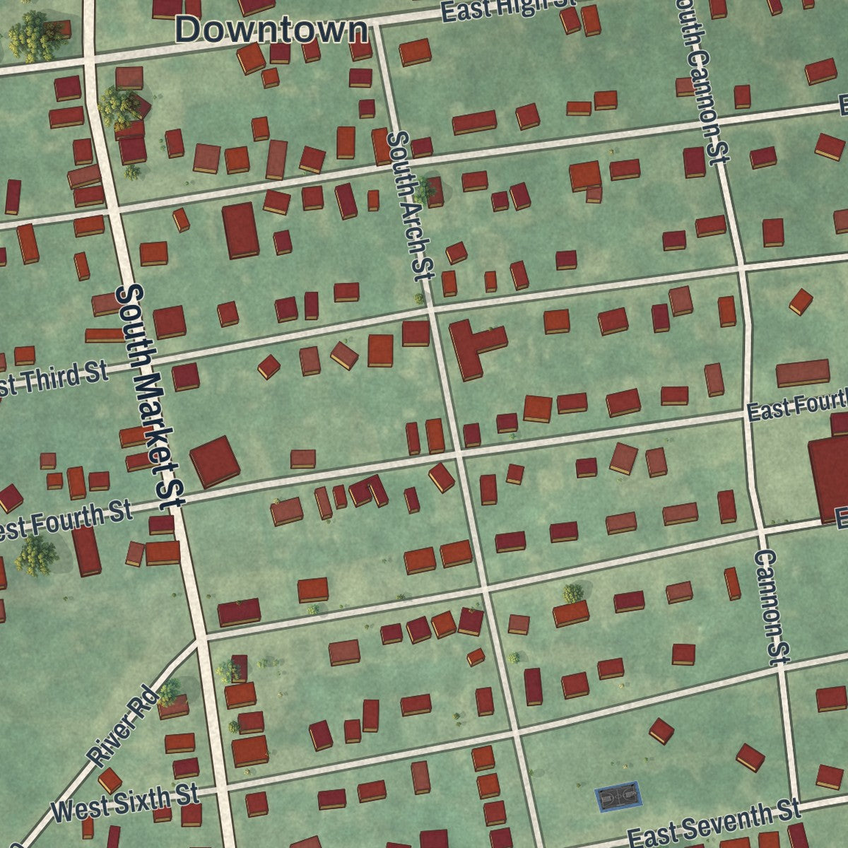 Close-up of the map of Blades, Delaware print showing street and building detail