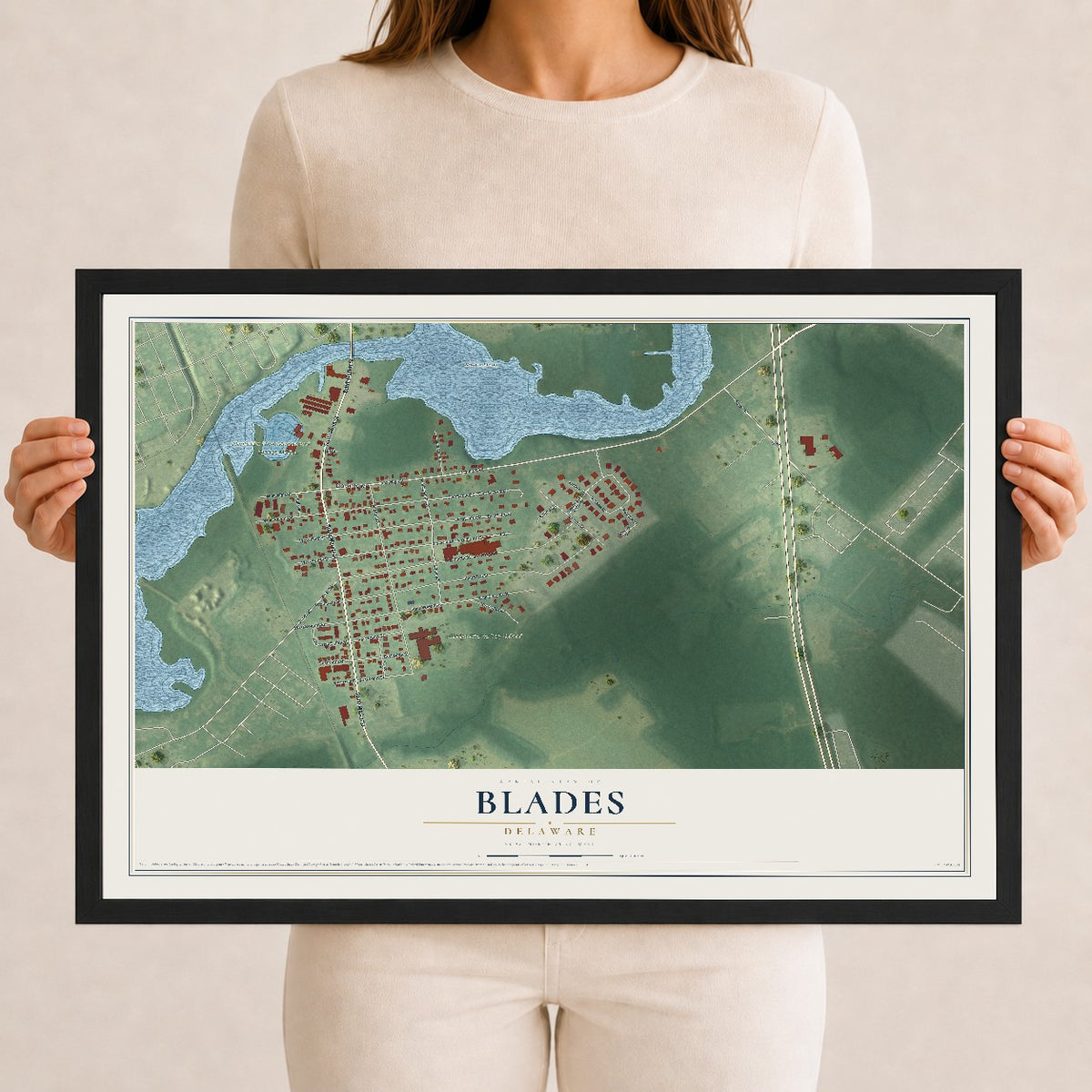 Map of Blades, Delaware, 12 x 18 inch print in a black wood frame