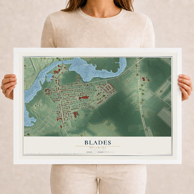 Map of Blades, Delaware, 12 x 18 inch print in a white wood frame