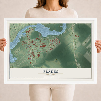 Map of Blades, Delaware, 18 x 24 inch print in a white wood frame