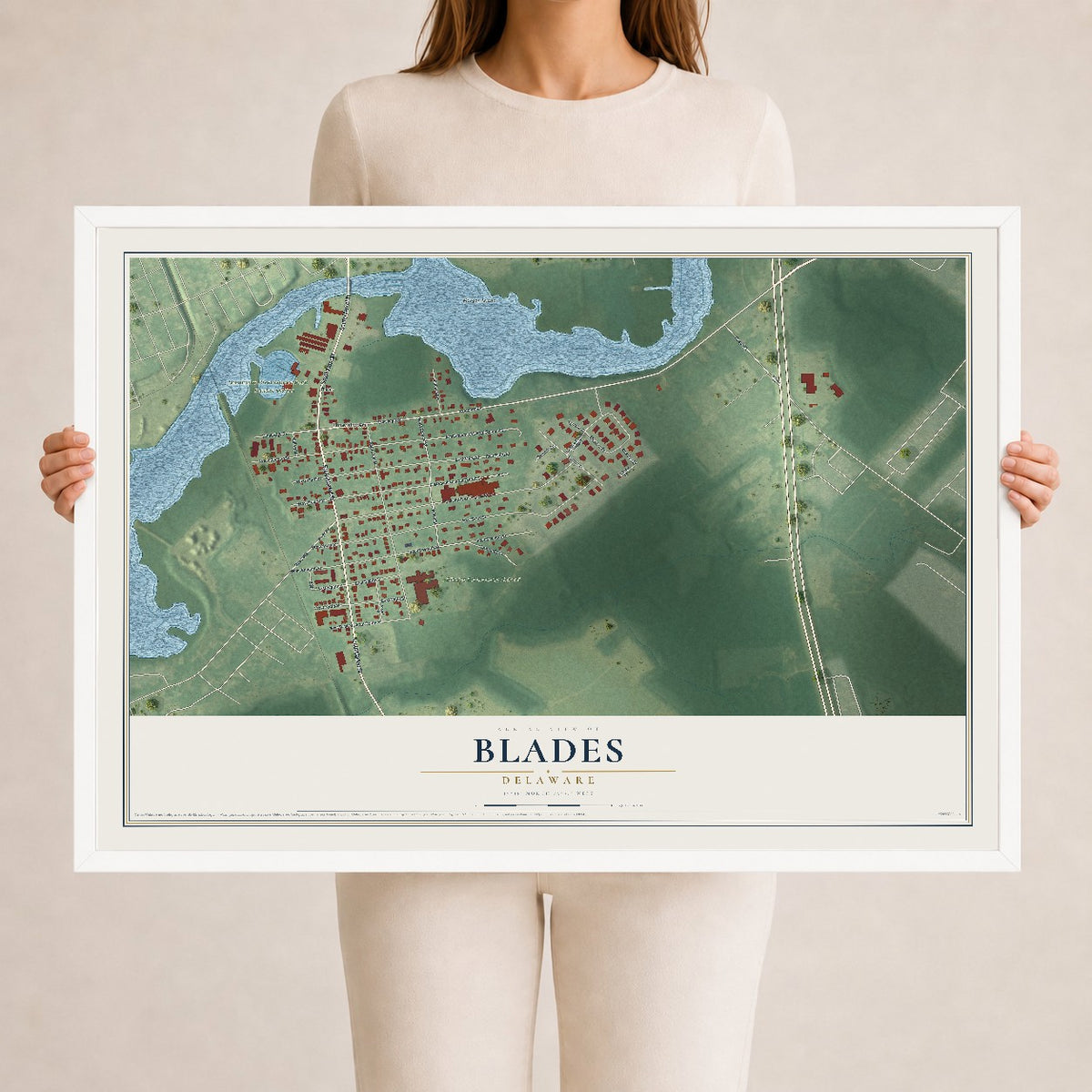 Map of Blades, Delaware, 24 x 36 inch print in a white wood frame