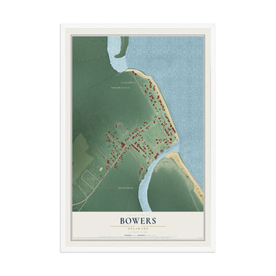 Map of Bowers, Delaware, 12 x 18 inch print in a white wood frame