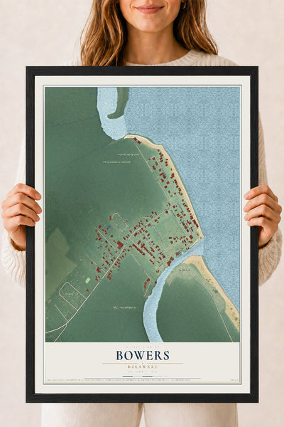 Map of Bowers, Delaware, 18 x 24 inch print in a black wood frame