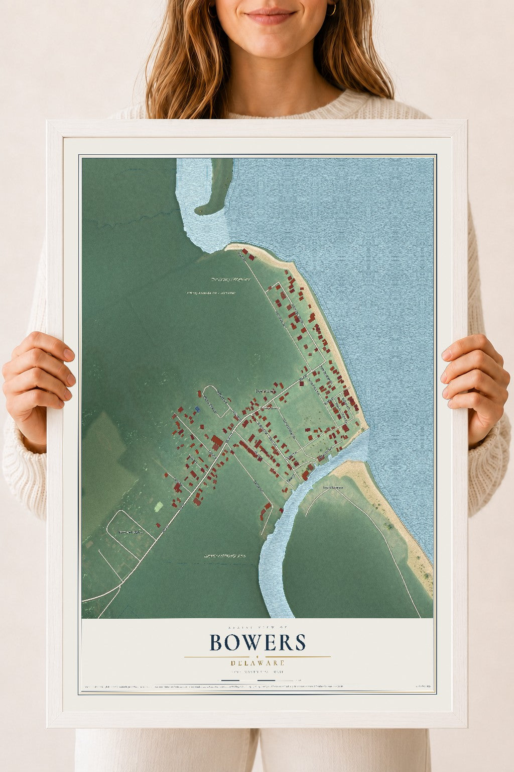 Map of Bowers, Delaware, 18 x 24 inch print in a white wood frame