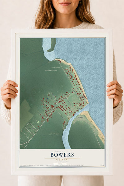Map of Bowers, Delaware, 18 x 24 inch print in a white wood frame
