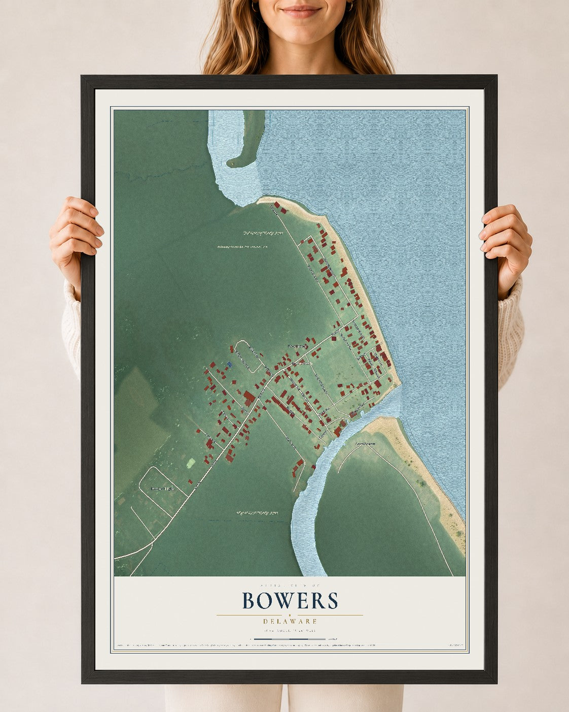 Map of Bowers, Delaware, 24 x 36 inch print in a black wood frame