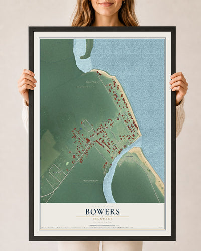 Map of Bowers, Delaware, 24 x 36 inch print in a black wood frame