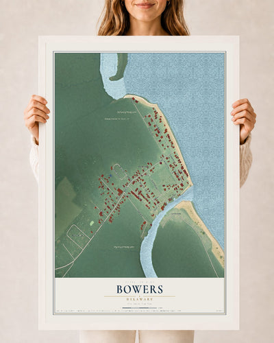 Map of Bowers, Delaware, 24 x 36 inch print in a white wood frame