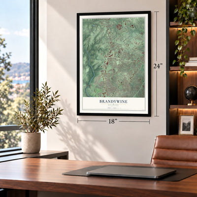 Brandywine, Delaware map, 18 x 24 inch print in a black frame in a home office