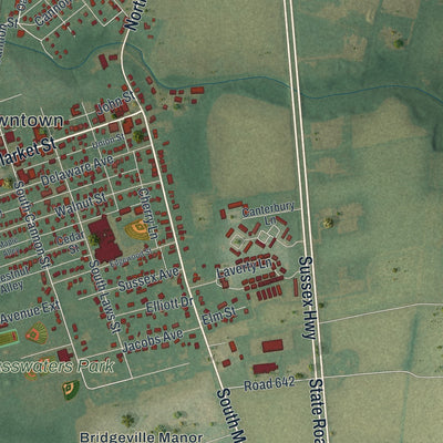 Close-up of the map of Bridgeville, Delaware print showing street and building detail
