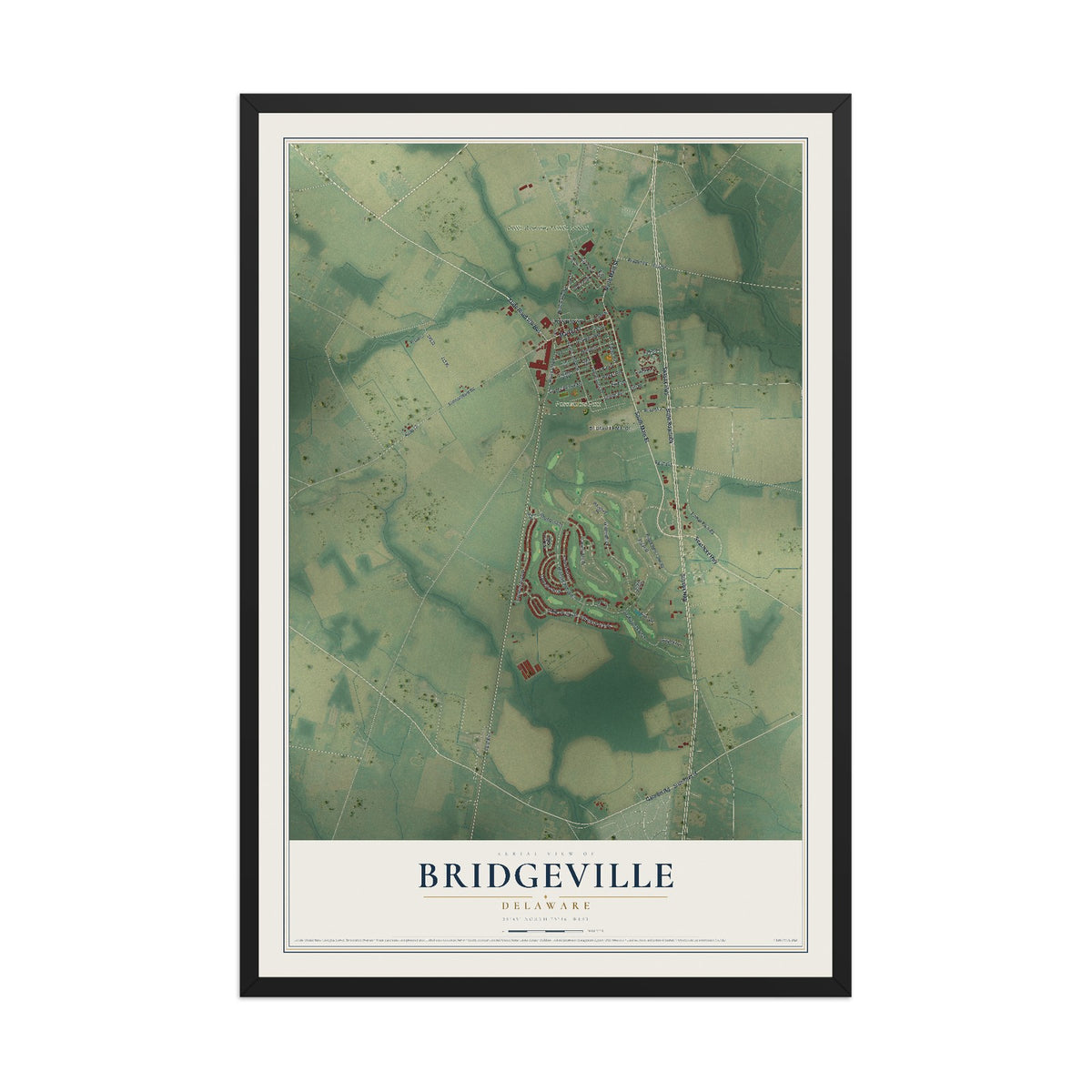 Map of Bridgeville, Delaware, 12 x 18 inch print in a black wood frame