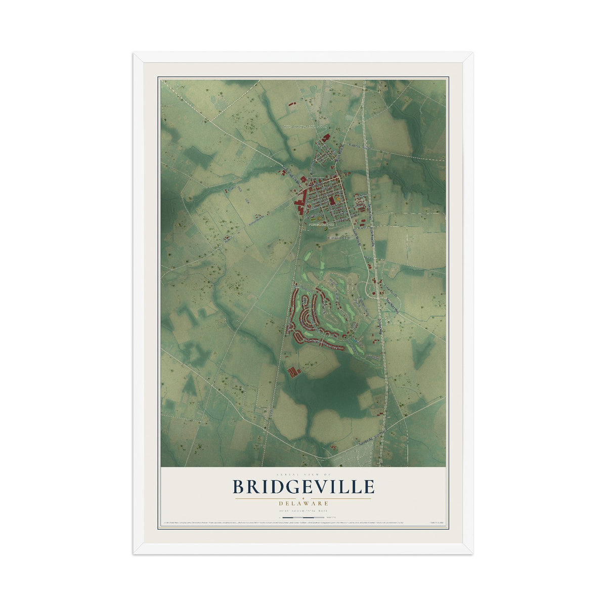 Map of Bridgeville, Delaware, 12 x 18 inch print in a white wood frame