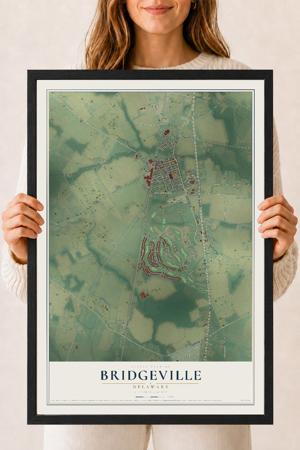Map of Bridgeville, Delaware, 18 x 24 inch print in a black wood frame