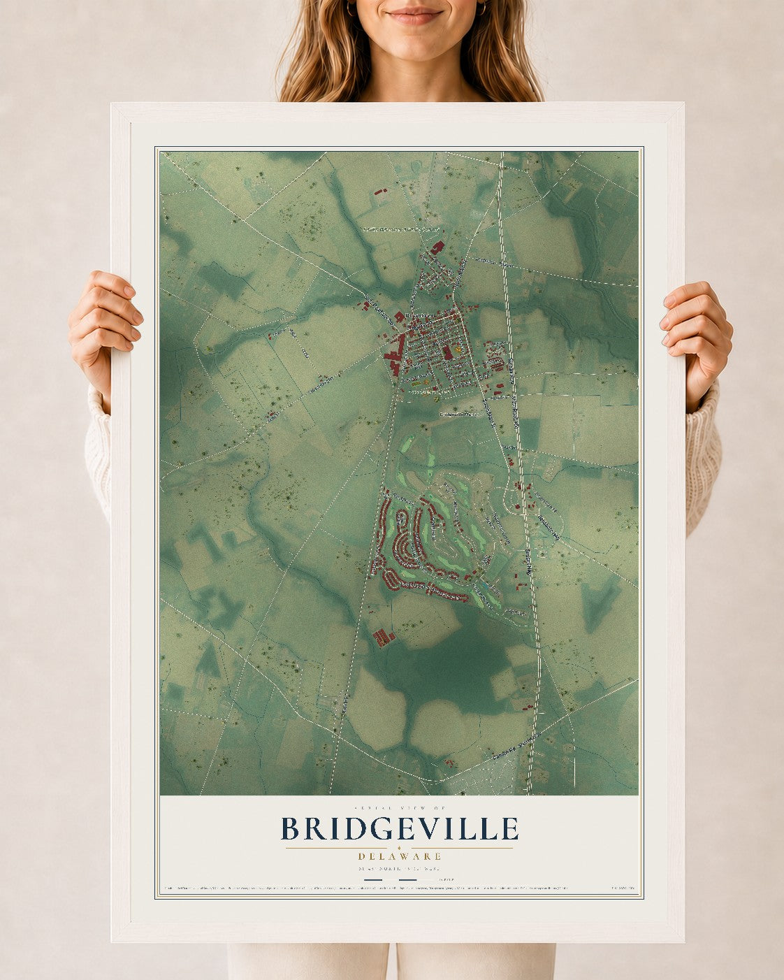 Map of Bridgeville, Delaware, 24 x 36 inch print in a white wood frame
