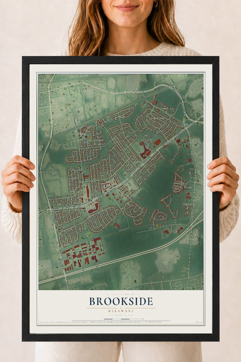 Map of Brookside, Delaware, 18 x 24 inch print in a black wood frame